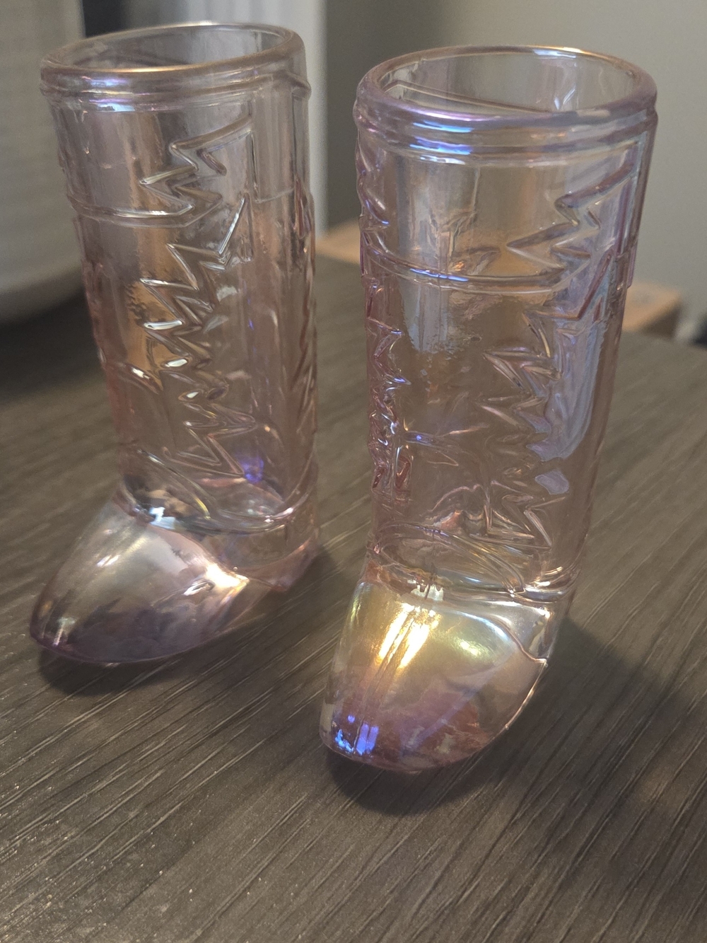 Set Of Two! Iridescent Pink Clear Glass Cowboy Boot Shot Glasses